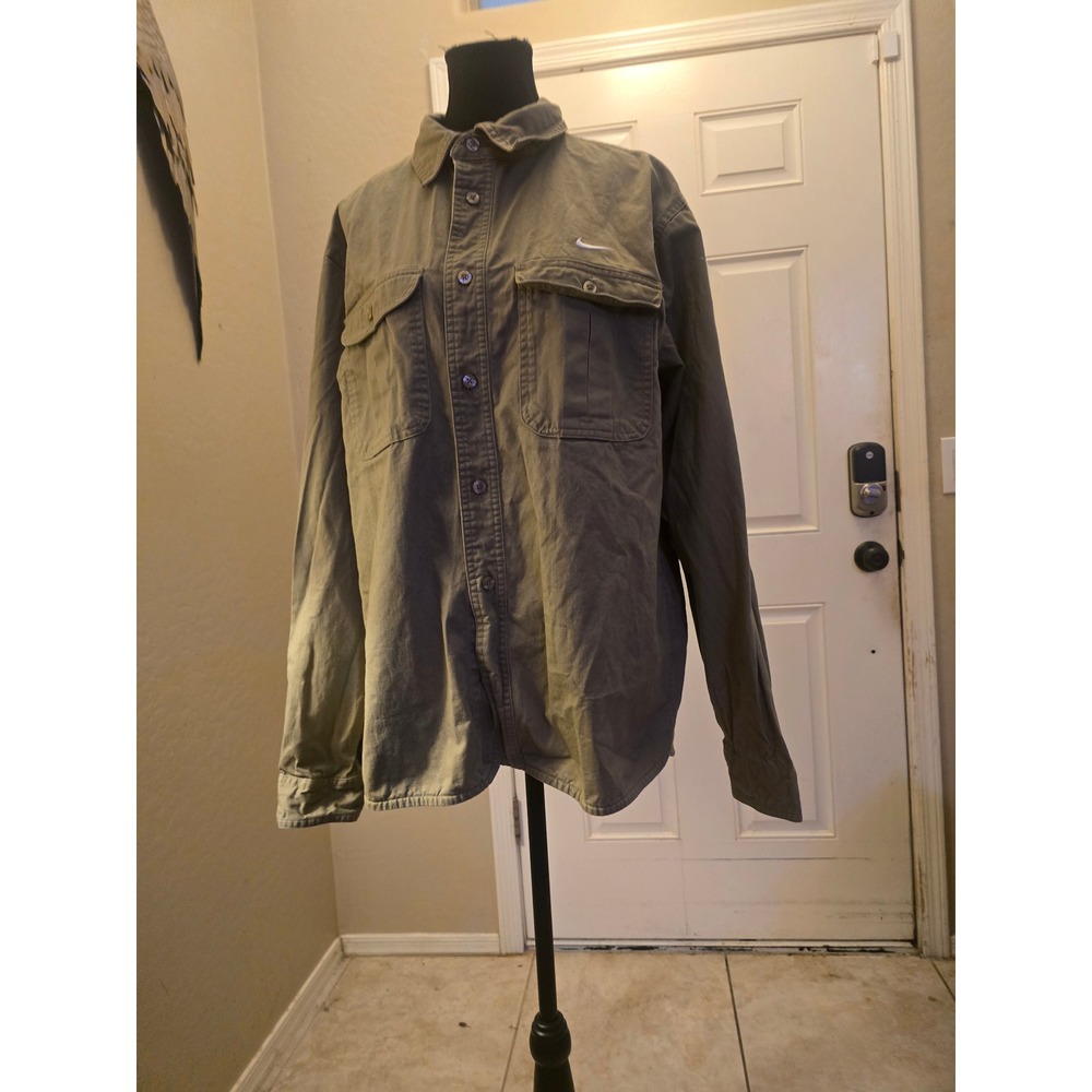 Nike SB Mens Olive Green Cotton Twill Button Down Work Shirt Large Embroidered